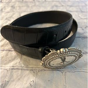 VINTAGE BLACK CROC LEATHER WITH EMBOSSED SILVER TONE BUCKLE BELT SIZE XL